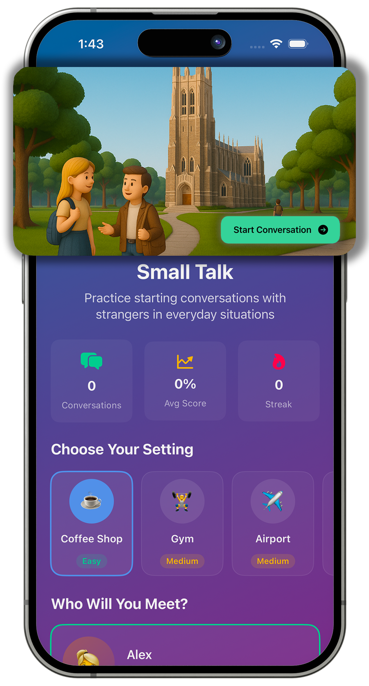 Social Sage app showing practice conversation scenarios for social anxiety